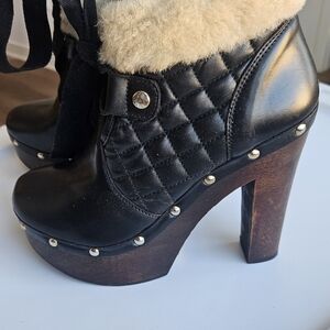 RED Valentino Black Quilted Heeled Boots with Cream Fur